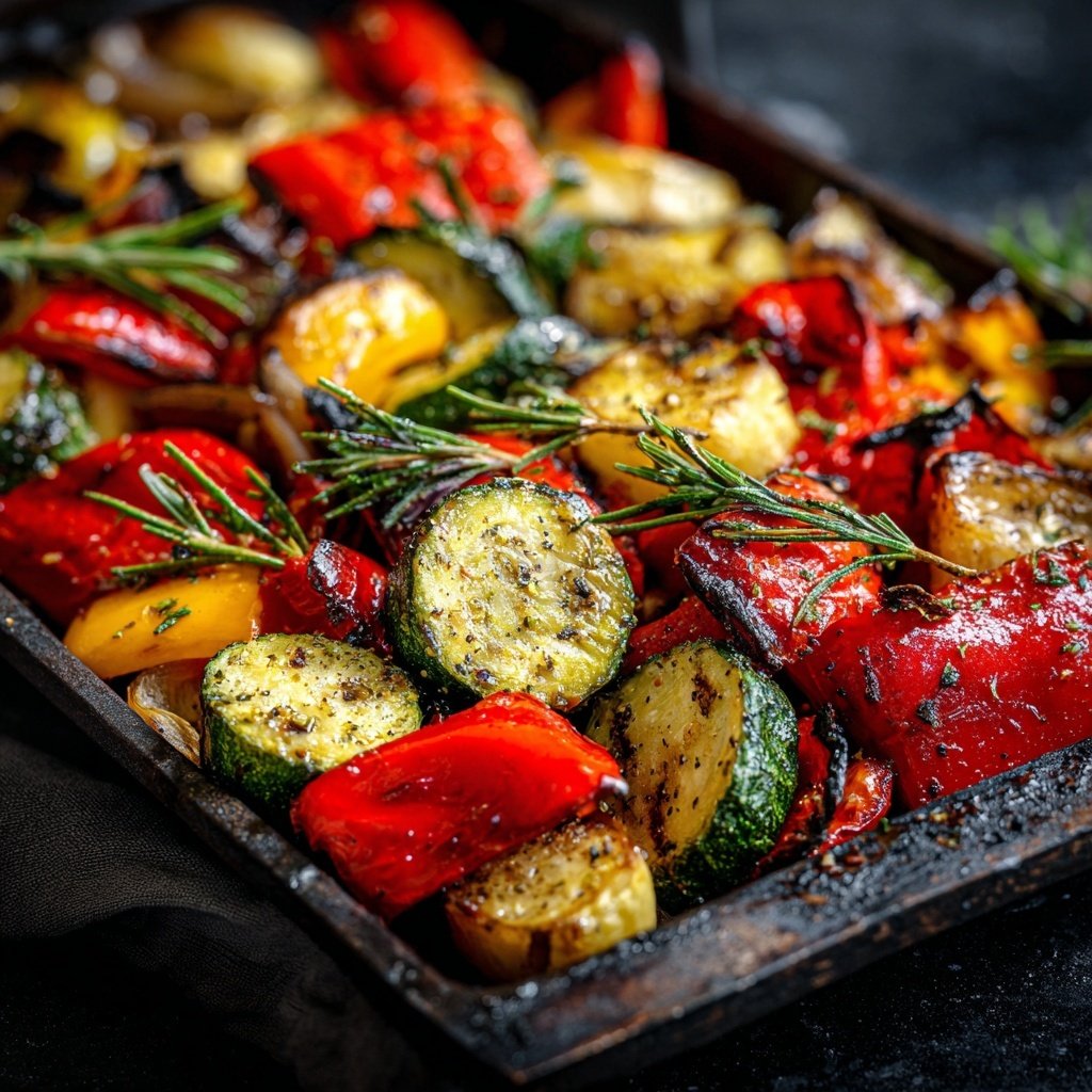 Abendessen mit Ofengemüse und Kräutern